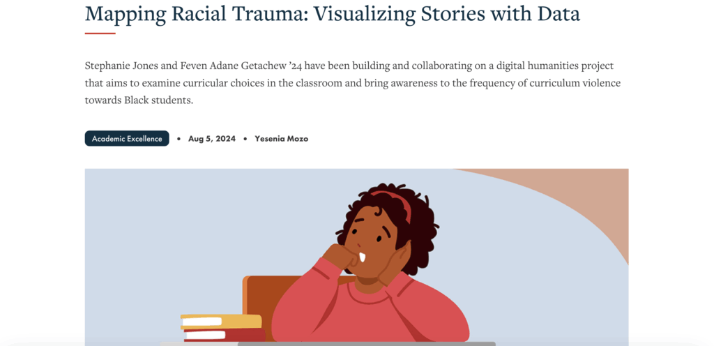 Screenshot of Grinnell College news article, featuring the Mapping Racial Trauma project